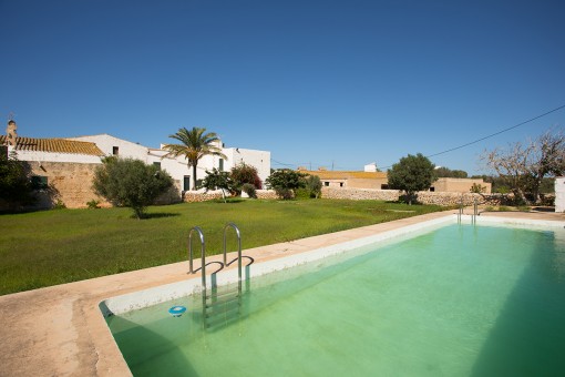 Pool area surrounded by a large garden