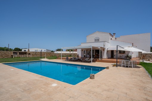 View of the finca with pool and terraces